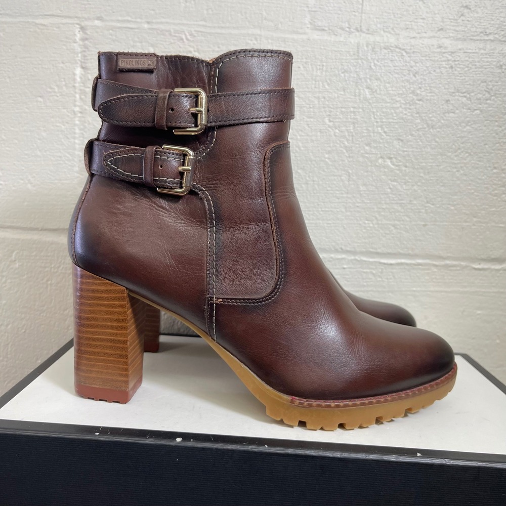 Pikolinos Connelly Brown Leather Ankle Boots Double Buckle Women's 42 EU/11 US